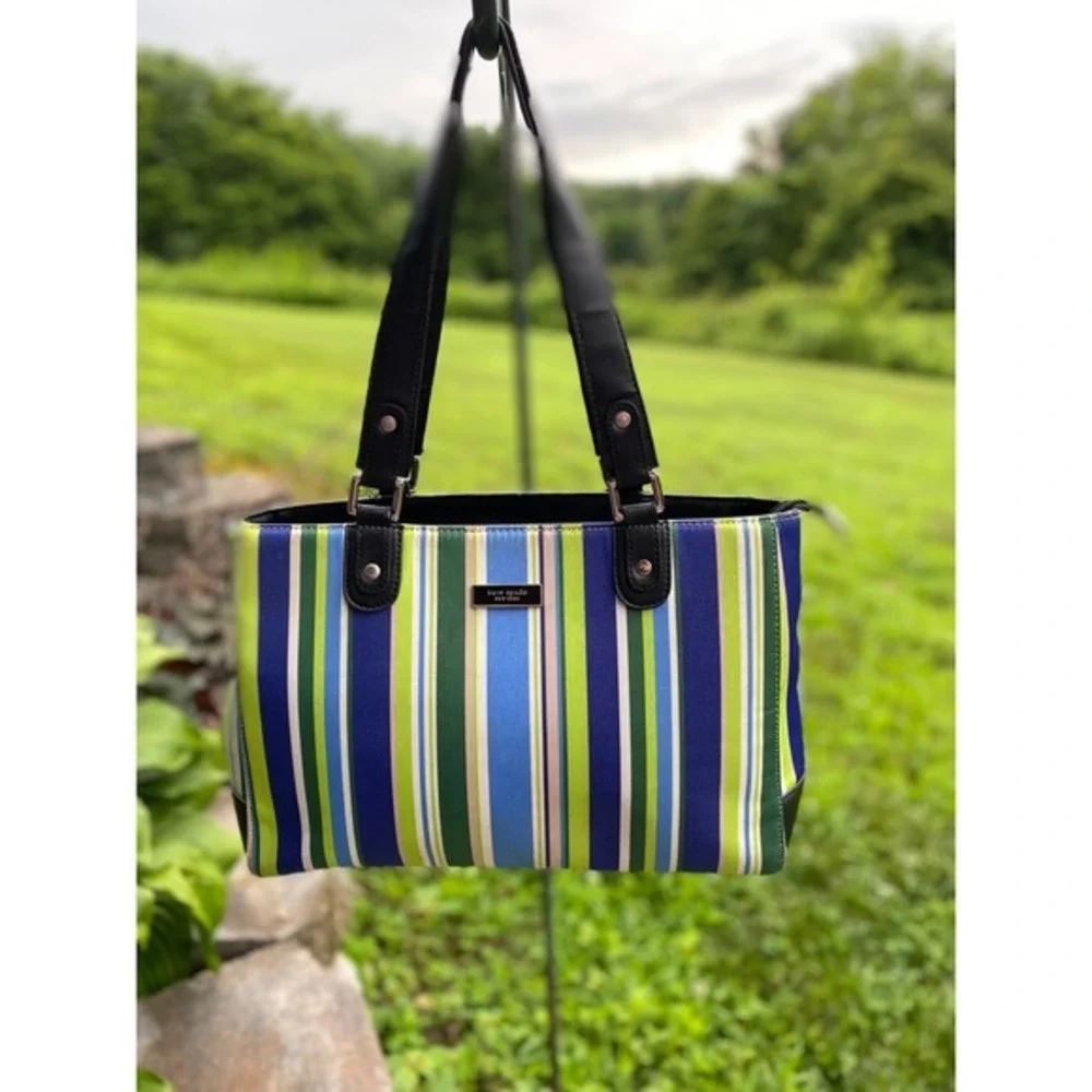 Kate Spade‎ Look Alike Bag! Striped Blue Green Tote Shoulder Purse Large Zip Top